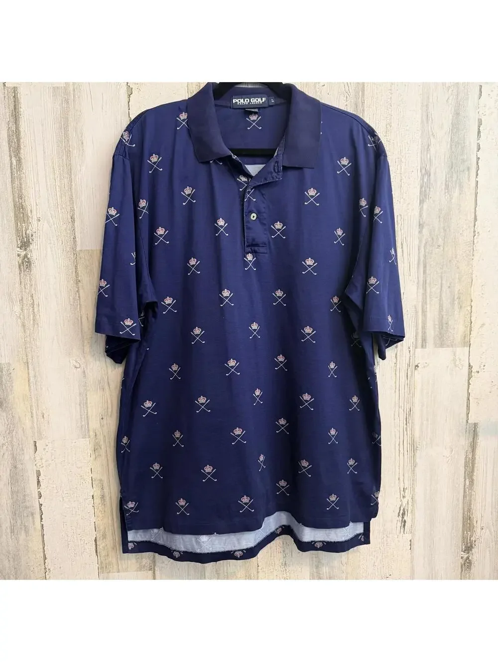 Vintage Polo Golf Ralph Lauren Men's Large Crown Clubs Shirt Missing Top Button